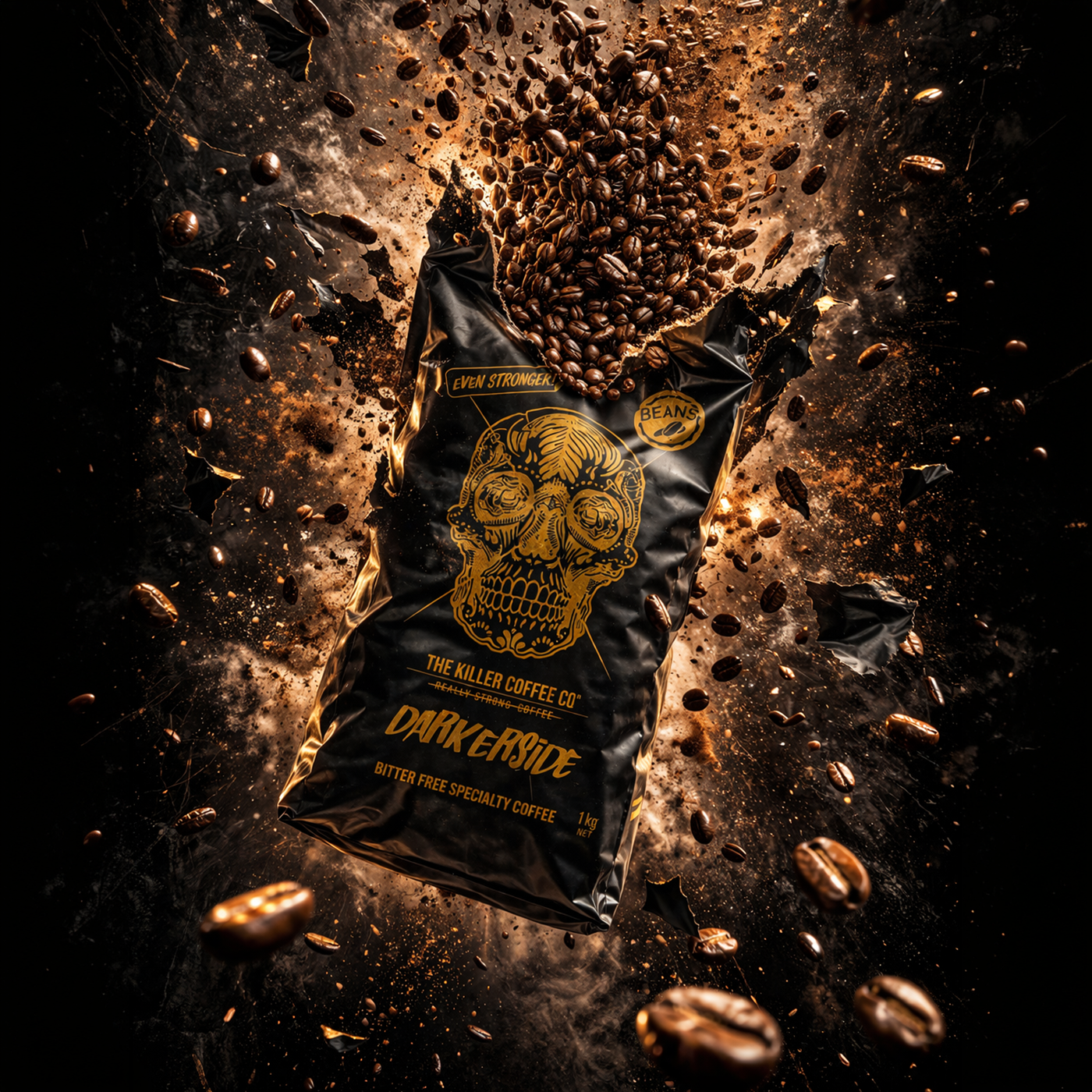 Black coffee bag with skull design on a dark background with coffee beans