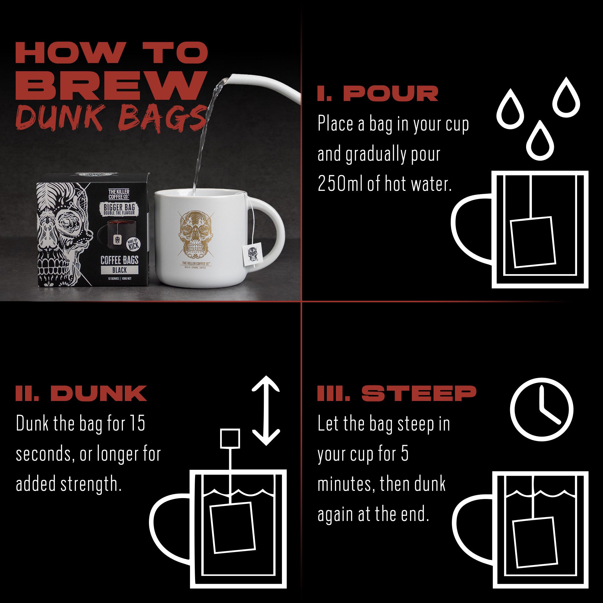 Instructions for brewing Dunk coffee bags with text and graphics on a black background.