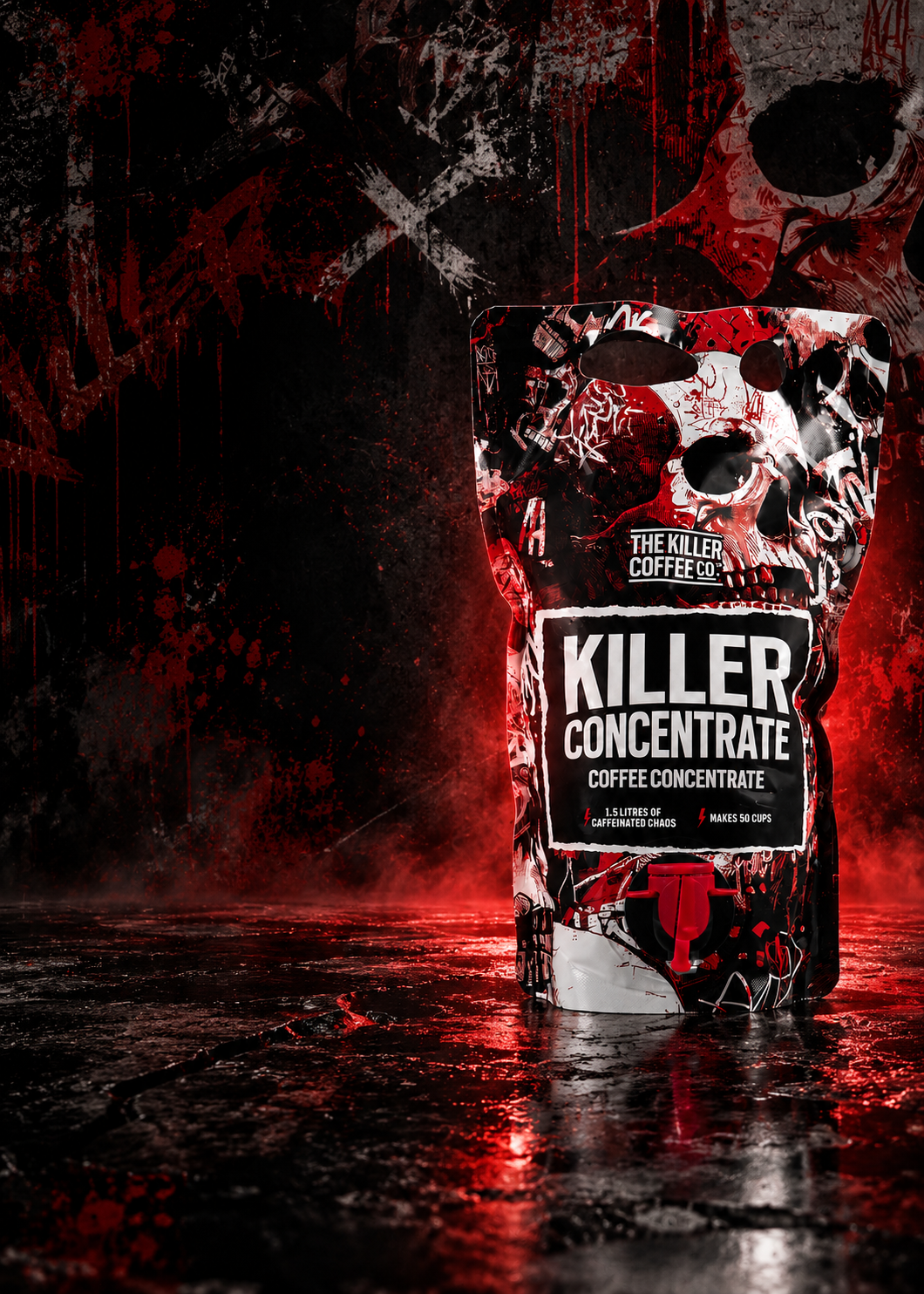 A stand-up pouch of Killer Coffee Co. Killer Concentrate coffee concentrate stands on a wet reflective surface against a dark, gritty background with red lighting and splatter graphics.