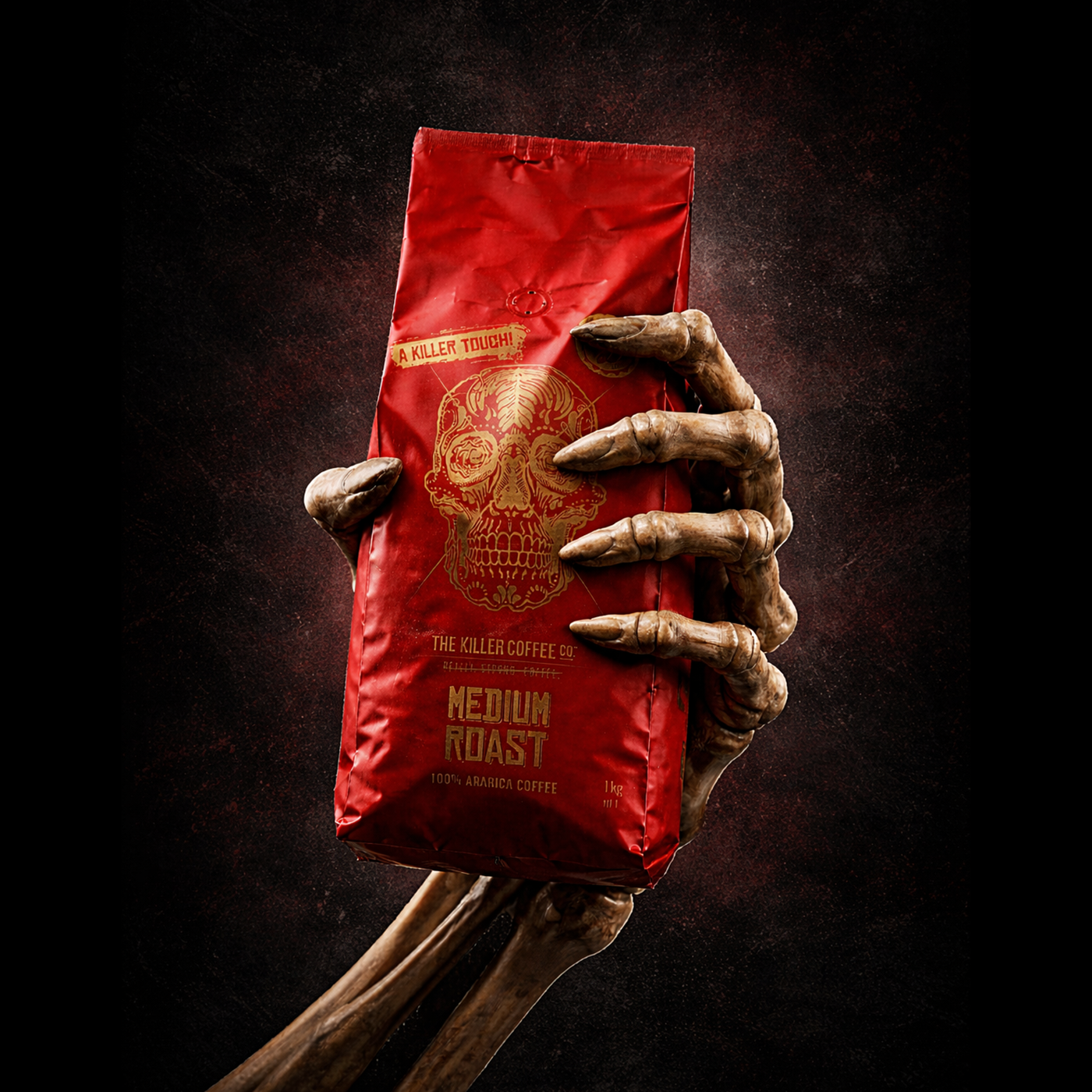 Red coffee bag with a skull design held by a hand against a dark background