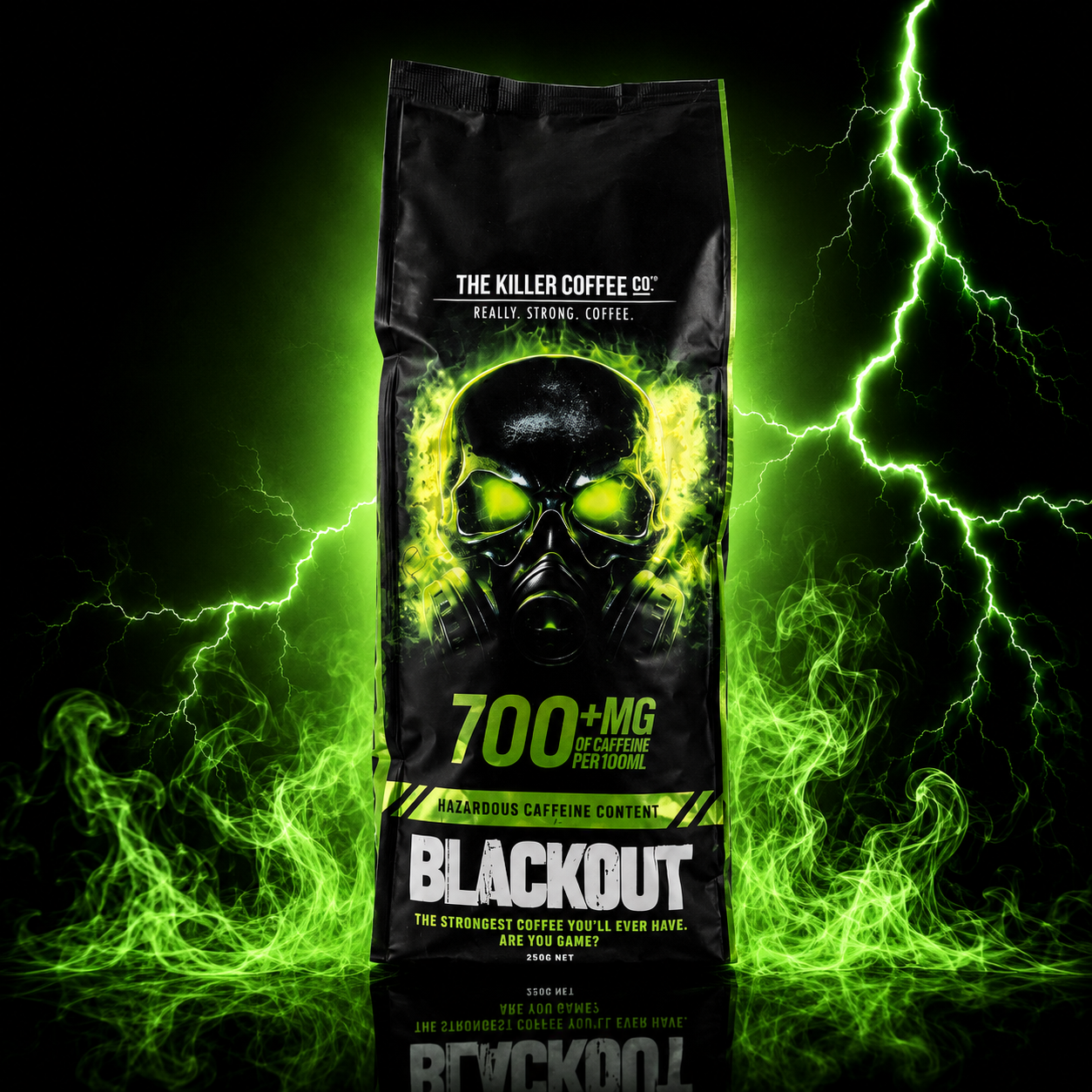 Killer Coffee Co. Blackout coffee package with green energy effects on a dark background
