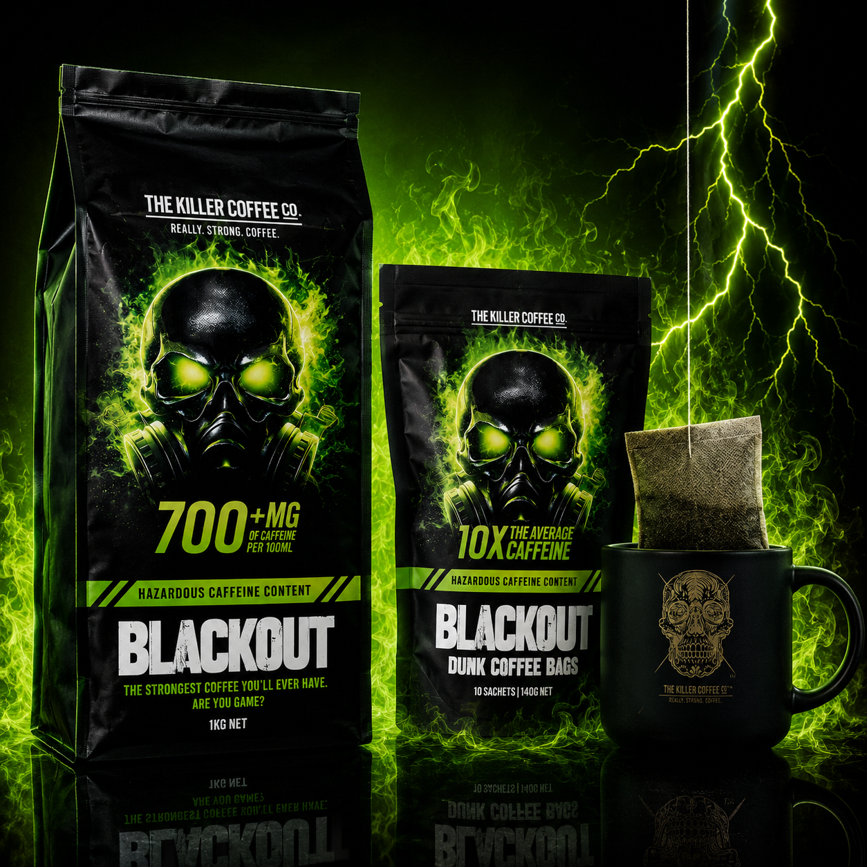 Killer Coffee Co. Blackout coffee packaging with a mug and tea bags on a fiery background